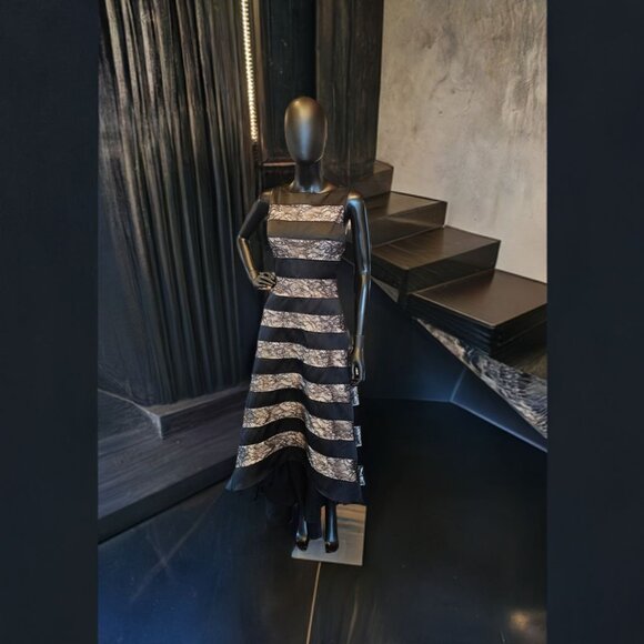 Adrianna Papell Black Stripe High-Low - Picture 2 of 4